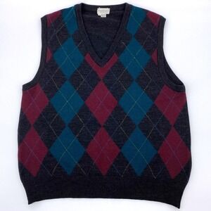 Vintage Tricots St Raphael Wool Vest Mens Large Argyle Black Sweater Vest Heavy